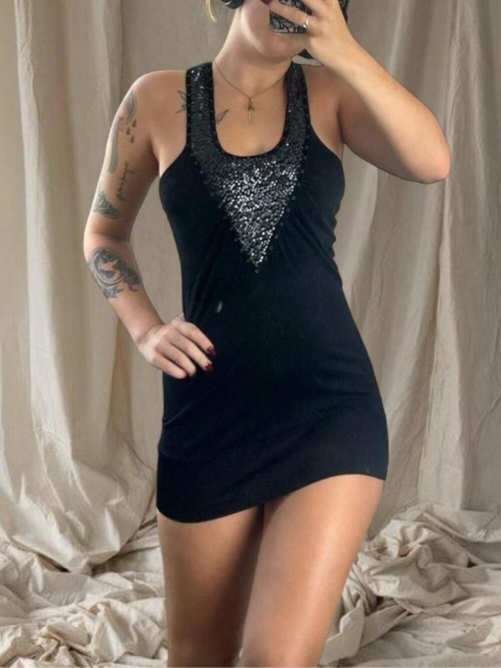 Vintage Y2K black & silver silk bedazzled sparkle sequin club mini dress ⭐️